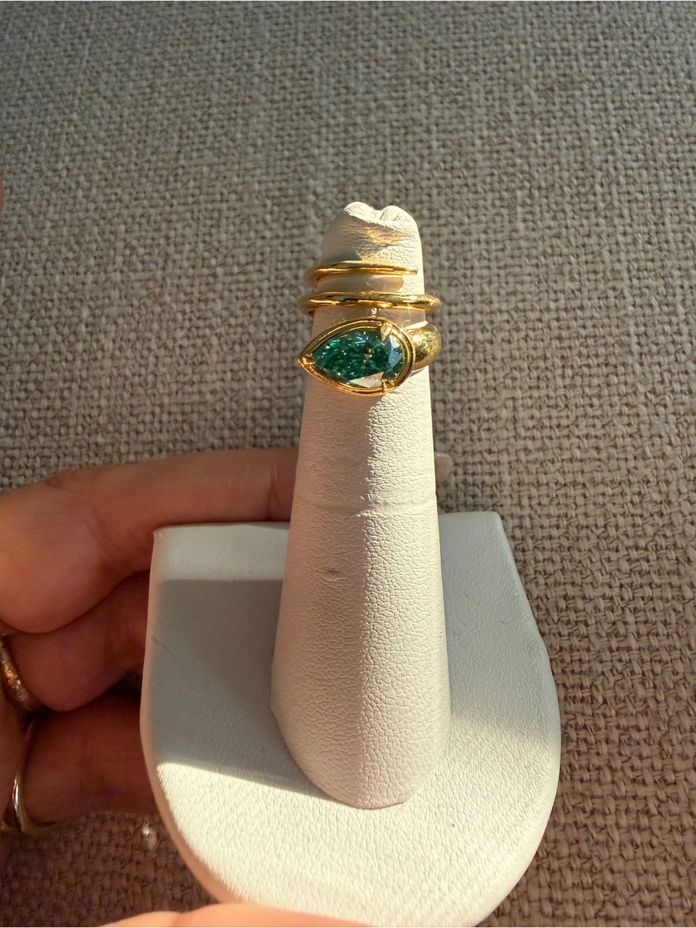 14k over silver Gold Ring with Teardrop Green Stone - Women Jewelry